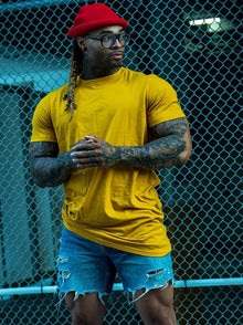 K-OS Tall Tee in Mustard  with embossed lettering