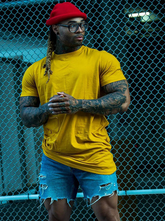 K-OS Tall Tee in Mustard  with embossed lettering